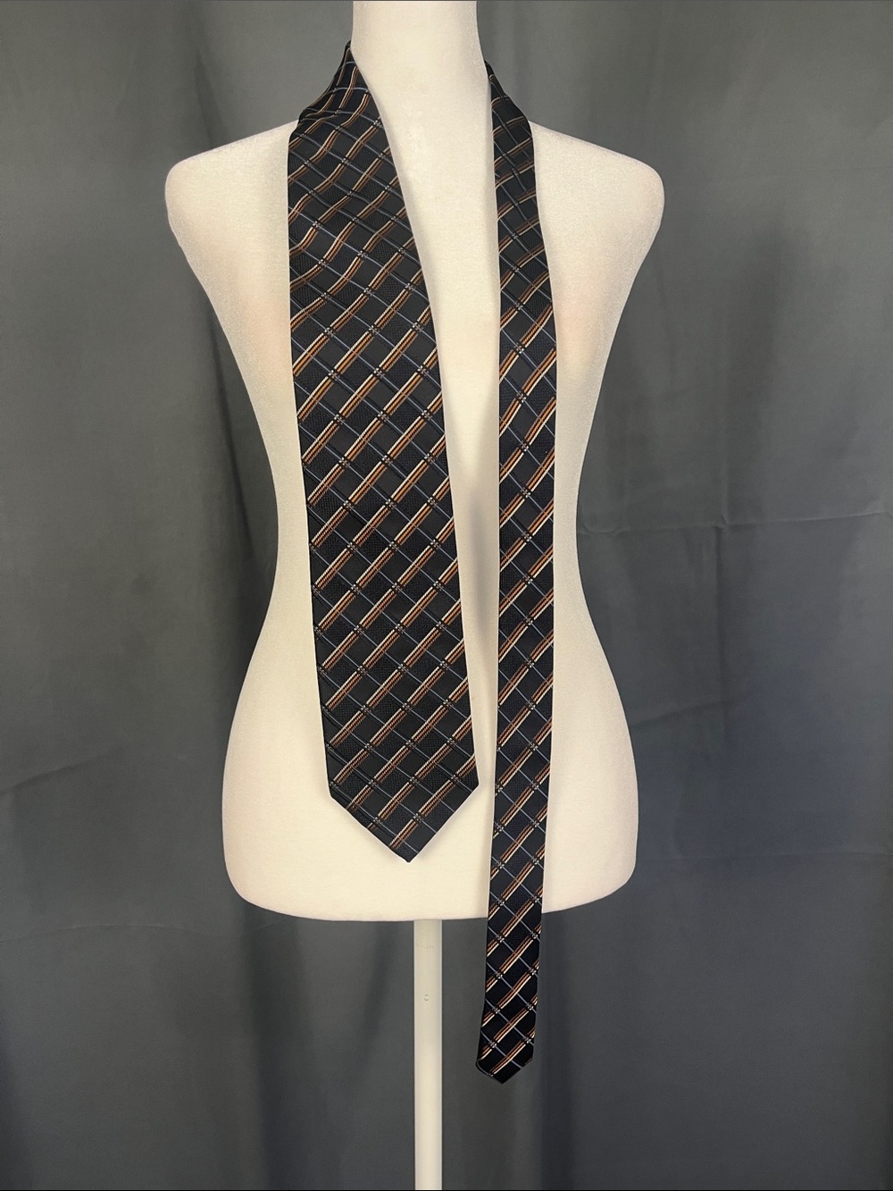 Men's Black Plaid Tie with Brown and Blue Stripes